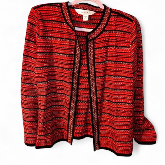 Ming Wang red black knit cardigan jacket size Large - Picture 1 of 3